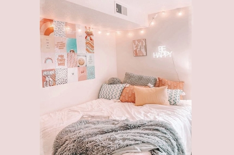 A cute preppy room decor with pastel colors, fun patterns, and stylish accessories.