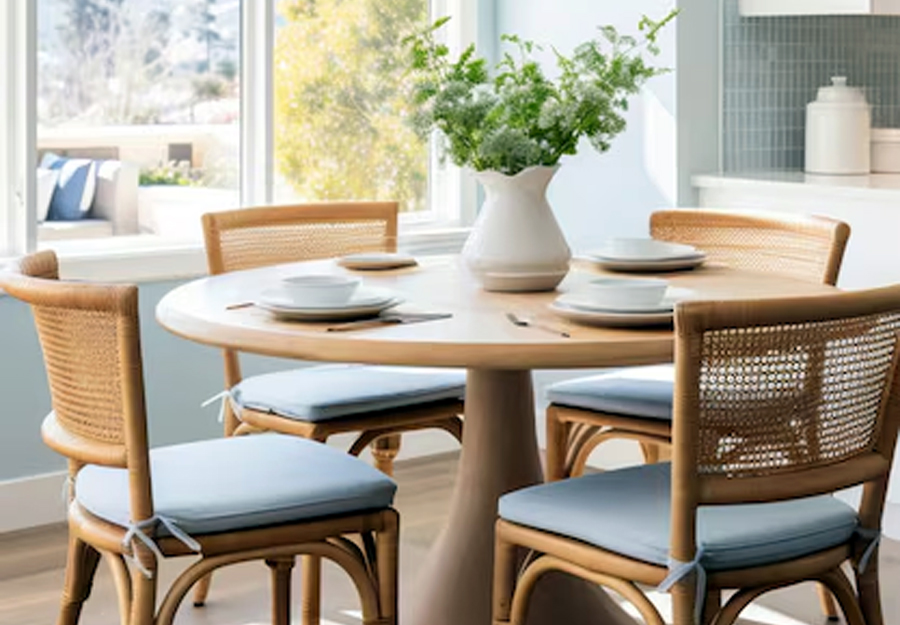 Classic round dining room tables in various finishes, offering space-saving solutions and flexible seating options.